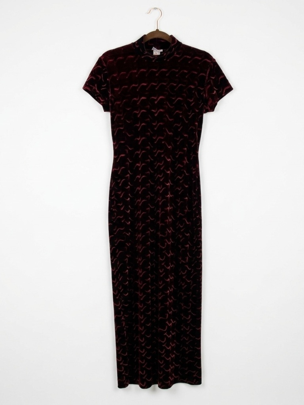 Vintage 90s LUKLY Burgundy Burnout Velvet Maxi Dress Mock Neck Vampy Goth M
